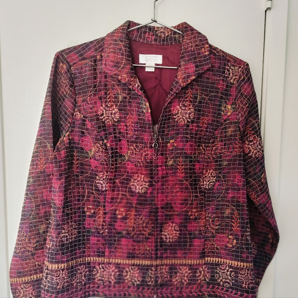 Christopher & Banks Lightweight Full Zip Quilted Blazer Floral Geometric PL